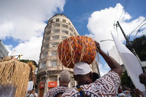 Candomble devotee in procession for Omolu and Obaluae Stock Photos