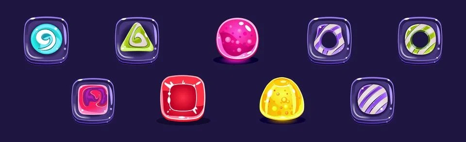 Candy and Sweet of Different Shape and Color as Game Element Vector Set Ilustración de archivo