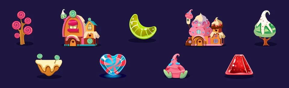 Candy and Sweet of Different Shape and Color as Game Element Vector Set Illustrazione stock