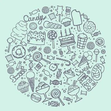 Candy and sweet doodle set, vector illustration Illustrazione stock