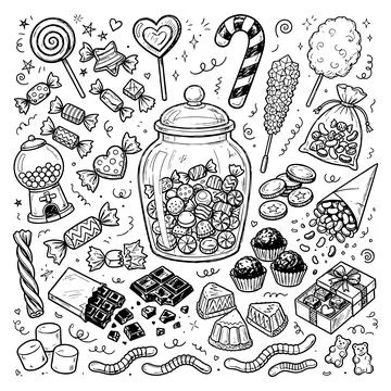 Candy and Sweets Doodle Set, Hand Drawn Ink Sketch with Lollipops, Chocolate Stock Illustration