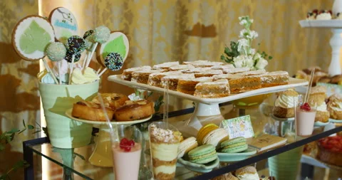 Candy Bar. Buffet With Delicacies. Confectionery. Macaroons.  Stock Footage 162748971