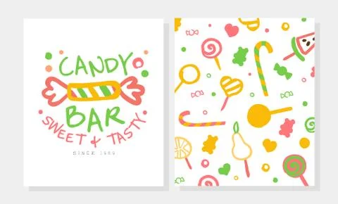 Candy Bar Card Template with Tasty Sweets Seamless Pattern, Candy Shop, Cafe Stock Illustration