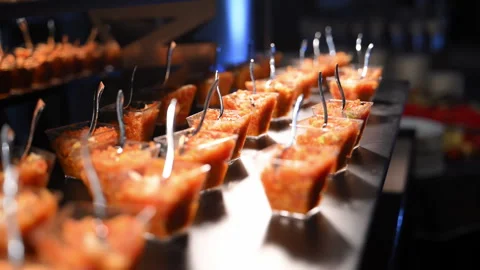 Candy Bar on the celebrating party event. Colorful cake dessert cups with tiny Stock Footage 317590772