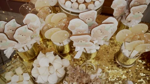 Candy Bar Children, candy buffet, delicious candy bar at a wedding. Close-up Stock Footage 170413133