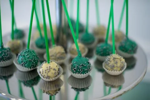 Candy bar marshmallow on the table, macaroon, cake and cupcake, holiday, bi.. Stock Photos