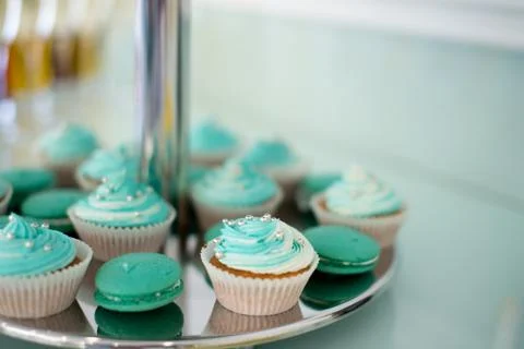 Candy bar marshmallow on the table, macaroon, cake and cupcake, holiday, bi.. Stock Photos