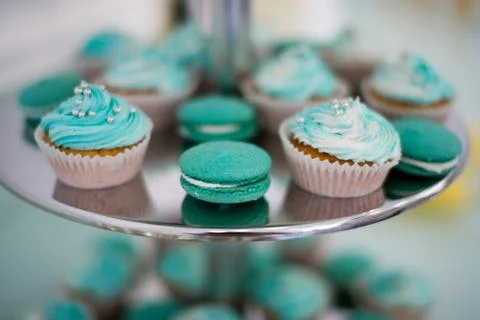 Candy bar marshmallow on the table, macaroon, cake and cupcake, holiday, bi.. Stock Photos