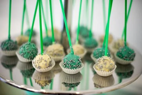 Candy bar marshmallow on the table, macaroon, cake and cupcake, holiday, bi.. Stock Photos