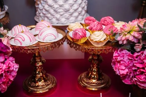 Candy bar marshmallow on the table in a vase, a plate in pink, macaroon, cake Stock Photos