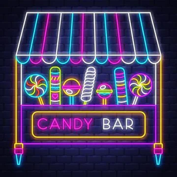 Candy bar - Neon Sign Vector. Candy bar - neon sign on brick wall background Stock Illustration