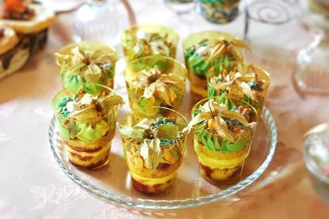 Candy bar, sweet buffet table, champagne snacks Stock Photos