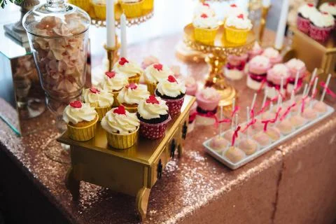 Candy bar, a table with sweets and desserts on the table. Buffet with delicious Stock Photos