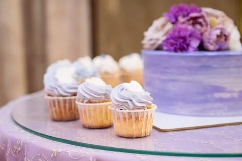 Candy bar. Table with sweets, buffet with cupcakes, candies, dessert Stock Photos