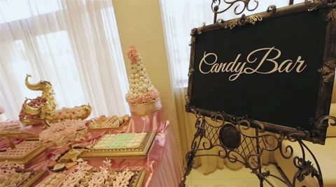 Candy Bar with various sweets and decorations Stock Footage 60596869