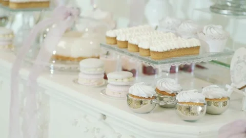 Candy bar wedding. bright buffet with many sweet snacks. V2 Stock Footage 136218391