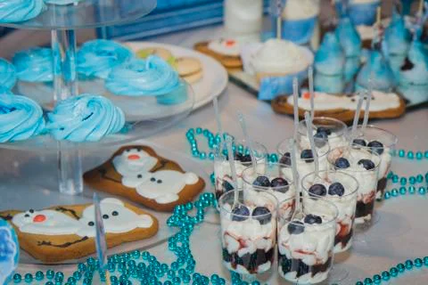 Candy bar on wedding ceremony with different candies Stock Photos