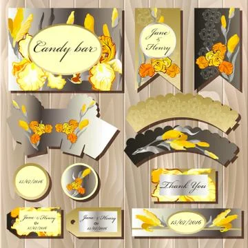 Candy bar wedding design set with iris flowers. Stock Illustration