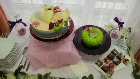 Candy bar wedding, green cake. A children's holiday. Stock Footage 74619737