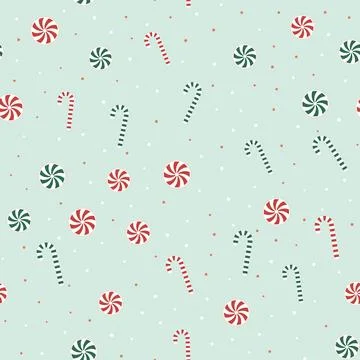Candy cane and peppermint candy seamless pattern in red and green stripes with Stock Illustration