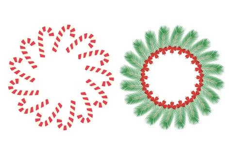 Candy cane and pine twigs with bow ribbon. Circle Frame border Copyspace. Card Stock Illustration