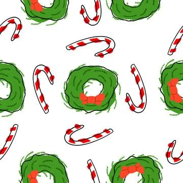 Candy cane and wreath seamless pattern in cartoon flat style. Stock Illustration