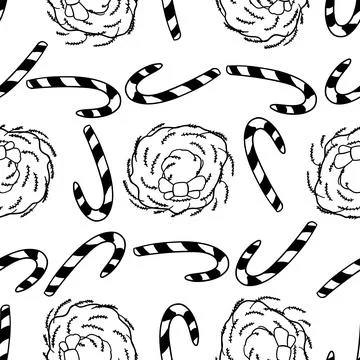 Candy cane and wreath seamless pattern in outline doodle style. Stock Illustration