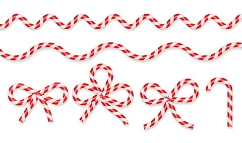 Candy cane borders and bows set. Red and white stripes. 3d Vector illustration Stock Illustration
