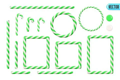 Candy cane Christmas set decorations, square frame, round ring frame, green w Stock Illustration