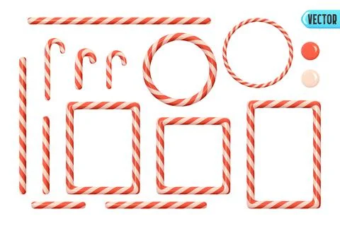 Candy cane Christmas set decorations, square frame, round ring frame, red w.. Ilustración de archivo