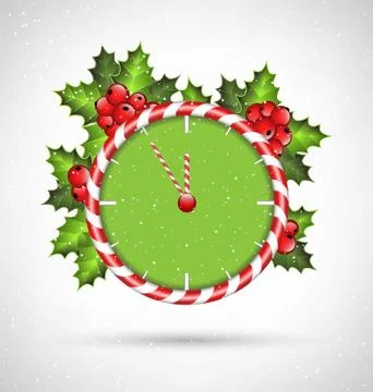 Candy cane clock with holly Stock Illustration