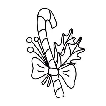 Candy cane decorated with ribbon bow and leaves and berries. Stock Illustration