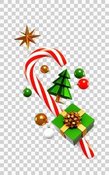 Candy cane flies with decorations, gift box, Christmas tree. Illustrazione stock