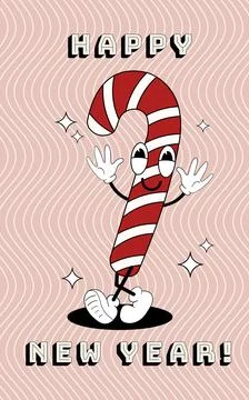 Candy cane groovy card. Vector illustration in trendy retro style. Abstract.. Stock Illustration