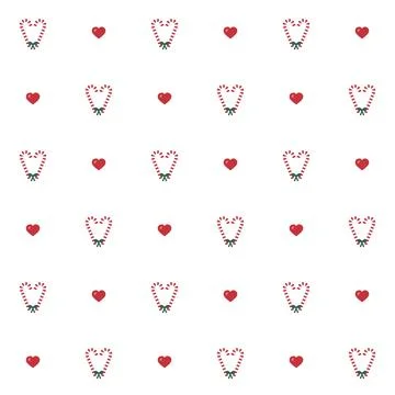 Candy cane heart seamless pattern with red hearts and green bows on white Stock Illustration