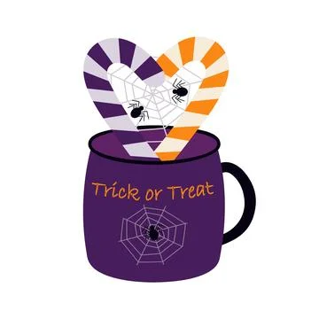 Candy Cane Heart Shape with Cobweb and Spiders Halloween composition in Mug with Stock Illustration
