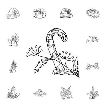 Candy cane, holly vector illustration in color and outline sketch style on wh Stock Illustration