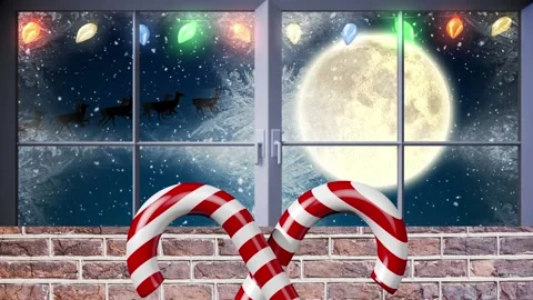 Candy cane icon over fairy lights over window frame against snow falling on Stock Footage 161473238