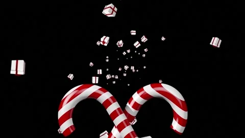 Candy cane icon over multiple christmas gift icons falling against black Stock Footage 162932866