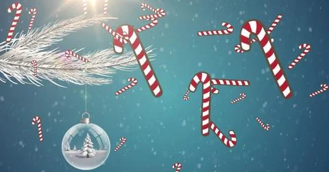 Candy cane icons falling over christmas tree in a bauble hanging over a branch 库存插图