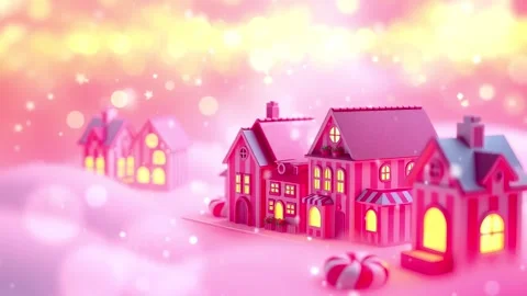 Candy Cane Lane: Animated Gingerbread Village with Pink Hues and Sweet Treats Stock Footage 317967537