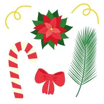 Candy Cane, red bow, twig pine, poinsettia and serpentine Christmas set Illustrazione stock
