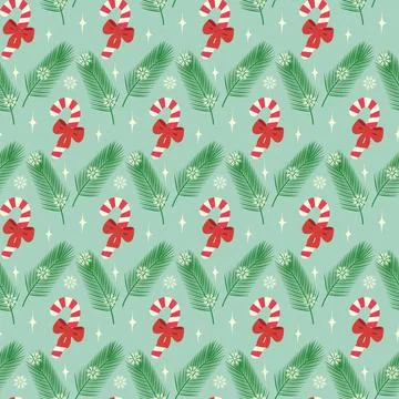 Candy Cane with red ribbon bow Pine twigs Snowflakes and decorative stars Stock-Illustration