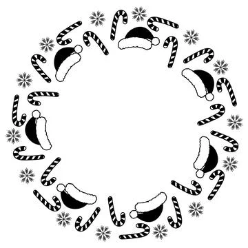 Candy cane, Santa caps and snowflakes Black and white Round Frame border in Stock Illustration