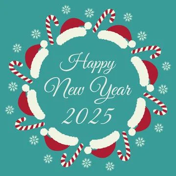 Candy Cane, Santa hat and snowflakes Festive Round Frame border with Happy New Stock Illustration