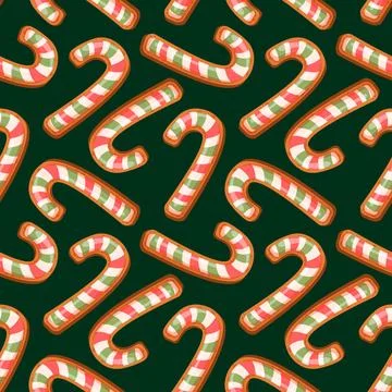 Candy cane seamless christmas pattern on red background in cartoon style Stock Illustration