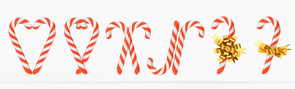 Candy cane set 3d render. Christmas caramel lollipop in heart shape, peppermint Illustrazione stock