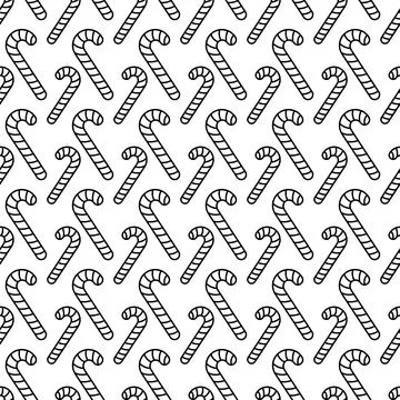 Candy cane. Sketch. Scattered striped lollipops. Seamless vector pattern. Stock Illustration
