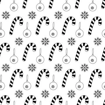 Candy Cane, snowflake and Christmas toy Seamless pattern Black and white Stock Illustration