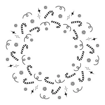 Candy cane, snowflakes, stars and serpentine Black and white Circle frame border Stock Illustration